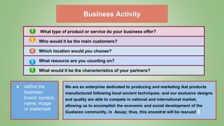 Business Activity
● define the
business
brand: symbol,
name, image
or trademark
What type of product or service do your business offer?
Who would it be the main customers?
Which location would you choose?
What resource are you counting on?
What would it be the characteristics of your partners?
We are an enterprise dedicated to producing and marketing ikat products
manufactured following local ancient techniques; and our exclusive designs
and quality are able to compete in national and international market,
allowing us to accomplish the economic and social development of the
Gualaceo community, in Azuay; thus, this ancestral will be rescued.
 