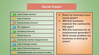 Social Impact
Lack of basic services
Lack of Internet
Environmental concerns
Pet negligence
Increasing insecurity
School drop-out
Community member disagreements
Lack of storage centers
Lack of formal employment
Inadequate waste and residues handling
● Does my business have
social goals?
● Will this business
improve the community
life style?
● Will this business be an
employment generator?
● What social problem my
business is aiming to
solve?
 