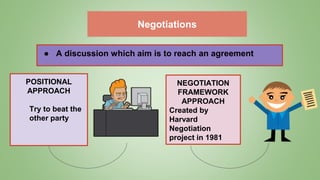 Negotiations
● A discussion which aim is to reach an agreement
POSITIONAL
APPROACH
Try to beat the
other party
NEGOTIATION
FRAMEWORK
APPROACH
Created by
Harvard
Negotiation
project in 1981
 