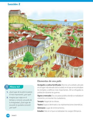 Lección 2
Elementos de una polis
Acrópolis o colina fortificada: Recinto amurallado ubicado
en el lugar más elevado de la ciudad, en el que se encontraban
los templos y edificios más importantes. Allí se refugiaba la
población durante las guerras.
Ágora o mercado: Era una plaza pública donde se realizaba el
comercio y se reunían los ciudadanos.
Templo: Hogar de los dioses.
Teatro: Espacio destinado a las representaciones dramáticas.
Gimnasio: Lugar de entrenamiento.
Estadio: Sitio en el que se realizaban los Juegos Olímpicos.
1. ¿Qué lugar de la polis te parece
el más importante?, ¿por qué?
2. Imagina que viajas en el
tiempo y conoces una polis de
la Antigüedad. ¿Qué lugar de
esa polis te gustaría conocer?,
¿por qué?
Ahora tú!
108 Unidad 3108
 