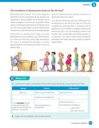 3Unidad
¿Se mantiene la democracia hasta el día de hoy?
Recuerda que hemos visto que algunos
elementos en las costumbres de las personas se
mantienen y otros cambian con el tiempo. Eso se
refiere al legado o herencia de un pueblo. Ahora
vamos a comparar la democracia en Atenas con la
de Chile actual, para saber si nuestra democracia
mantiene las características de la sociedad griega.
Ejercemos la democracia cada vez que
participamos en una votación, y en Chile votamos
en distintas instancias, para elegir presidente
de curso, al presidente del país y a otros
representantes. Por lo tanto, en Chile sí existe la
democracia.
Nuestra democracia se parece mucho a la
ateniense, pero no es igual.
Uno de los elementos que nos diferencian de
la democracia ateniense es que en Chile los
ciudadanos corresponden a la mayoría de la
población. Son hombres y mujeres mayores de
dieciocho años, de nacionalidad chilena, que
no han sido condenados por delitos graves. Si
cumplimos con estas condiciones podemos
participar por medio del voto y elegir a nuestros
gobernantes.
1. Completa el cuadro comparativo entre la democracia ateniense y la que rige hoy en Chile.
Atenas Criterio Chile actual
Siglo V a. C. Época en que se desarrolla Siglo XX y XXI d. C.
¿Quiénes son ciudadanos?
En la asamblea, donde
votan para elegir a los
gobernantes, las leyes, las
finanzas y las guerras.
¿Cómo participan en
el gobierno?
Votan para elegir al
de la República, senadores y
, además del
para cada comuna
2. Explica con tus palabras: ¿Qué es democracia?
Ahora tú!
127Los griegos de la Antigüedad 127
 