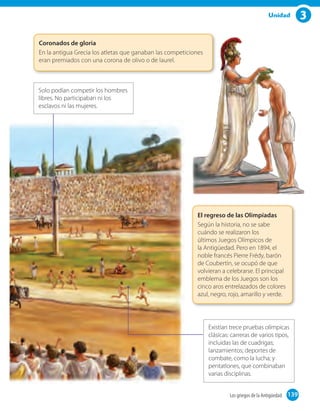 3Unidad
139Los griegos de la Antigüedad 139
Solo podían competir los hombres
libres. No participaban ni los
esclavos ni las mujeres.
Existían trece pruebas olímpicas
clásicas: carreras de varios tipos,
incluidas las de cuadrigas;
lanzamientos; deportes de
combate, como la lucha; y
pentatlones, que combinaban
varias disciplinas.
Coronados de gloria
En la antigua Grecia los atletas que ganaban las competiciones
eran premiados con una corona de olivo o de laurel.
El regreso de las Olimpíadas
Según la historia, no se sabe
cuándo se realizaron los
últimos Juegos Olímpicos de
la Antigüedad. Pero en 1894, el
noble francés Pierre Frédy, barón
de Coubertin, se ocupó de que
volvieran a celebrarse. El principal
emblema de los Juegos son los
cinco aros entrelazados de colores
azul, negro, rojo, amarillo y verde.
 