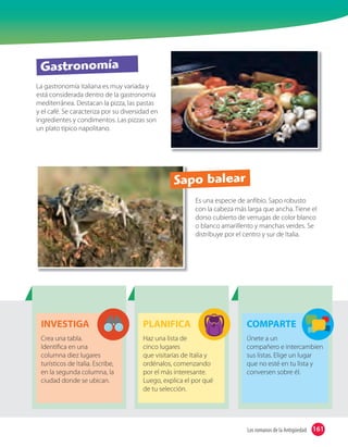 La gastronomía italiana es muy variada y
está considerada dentro de la gastronomía
mediterránea. Destacan la pizza, las pastas
y el café. Se caracteriza por su diversidad en
ingredientes y condimentos. Las pizzas son
un plato típico napolitano.
Es una especie de anfibio. Sapo robusto
con la cabeza más larga que ancha. Tiene el
dorso cubierto de verrugas de color blanco
o blanco amarillento y manchas verdes. Se
distribuye por el centro y sur de Italia.
Gastronomía
Sapo balear
INVESTIGA
Crea una tabla.
Identiﬁca en una
columna diez lugares
turísticos de Italia. Escribe,
en la segunda columna, la
ciudad donde se ubican.
PLANIFICA
Haz una lista de
cinco lugares
que visitarías de Italia y
ordénalos, comenzando
por el más interesante.
Luego, explica el por qué
de tu selección.
COMPARTE
Únete a un
compañero e intercambien
sus listas. Elige un lugar
que no esté en tu lista y
conversen sobre él.
Congratulations again!Thank you for letting me bepart of your wedding day.
Congratulations again!Thank you for letting me bepart of your wedding day.
161Los romanos de la Antigüedad
 