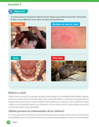 Deberes y salud
Todos los años en el país se organizan campañas para proteger a la sociedad de enfermedades. Algunas
de ellas se pueden prevenir evitando infecciones, y para ello debemos mantener el aseo personal y la
limpieza de nuestro entorno. Existen también enfermedades que se asocian a cómo cuidamos nuestro
cuerpo o a la cantidad de deporte que realizamos. Por eso nuestra salud e higiene deben estar entre
nuestras principales responsabilidades.
¿Quién previene las enfermedades de los chilenos?
En nuestro país existe el Ministerio de Salud. Este Ministerio tiene una gran misión: elevar el nivel de salud
de la población, para lo cual continuamente crea campañas para protegernos y prevenir enfermedades.
A continuación te mostramos algunos de los riesgos que podemos prevenir. Anota bajo
la foto, lo que debemos hacer para no sufrir estos problemas.
Ahora tú!
Pediculosis
Caries Virus hanta
Mordedura de araña de rincón
16 Unidad 116 Unidad 1
Lección 1
 