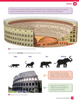 4Unidad
El Coliseo era un espacio público muy importante. No se cobraba la entrada y los asistentes,
eran sus protagonistas, pues ayudaban a decidir la vida o muerte de los perdedores.
Hoy, el Coliseo es uno de los
lugares más famosos de Italia.
Recibe muchas visitas cada año.
Luego de casi 1950 años, el
Coliseo luce deteriorado por
terremotos e incendios.
Ilustración que reconstruye cómo era el Coliseo.
Coliseo romano en la actualidad.
Estos eran los animales más requeridos en la lucha.
Tigre León Oso Elefante
179Los romanos de la Antigüedad 179
 