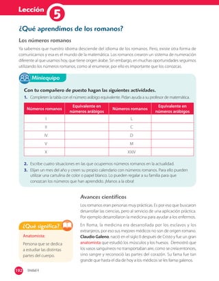 Lección
15
¿Qué aprendimos de los romanos?
Los números romanos
Ya sabemos que nuestro idioma desciende del idioma de los romanos. Pero, existe otra forma de
comunicarnos y esa es el mundo de la matemática. Los romanos crearon un sistema de numeración
diferente al que usamos hoy, que tiene origen árabe. Sin embargo, en muchas oportunidades seguimos
utilizando los números romanos, como al enumerar, por ello es importante que los conozcas.
Con tu compañero de puesto hagan las siguientes actividades.
1. Completen la tabla con el número arábigo equivalente. Pidan ayuda a su profesor de matemática.
Números romanos
Equivalente en
números arábigos
Números romanos
Equivalente en
números arábigos
I L
II C
IV D
V M
X XXIV
2. Escribe cuatro situaciones en las que ocupemos números romanos en la actualidad.
3. Elijan un mes del año y creen su propio calendario con números romanos. Para ello pueden
utilizar una cartulina de color o papel blanco. Lo pueden regalar a su familia para que
conozcan los números que han aprendido. ¡Manos a la obra!
Miniequipo
Anatomista:
Persona que se dedica
a estudiar las distintas
partes del cuerpo.
¿Qué significa?
Avances científicos
Los romanos eran personas muy prácticas. Es por eso que buscaron
desarrollar las ciencias, pero al servicio de una aplicación práctica.
Por ejemplo desarrollaron la medicina para ayudar a los enfermos.
En Roma, la medicina era desarrollada por los esclavos y los
extranjeros, por eso sus mejores médicos no son de origen romano.
Claudio Galeno, nació en el siglo II después de Cristo y fue un gran
anatomista que estudió los músculos y los huesos. Demostró que
los vasos sanguíneos no transportaban aire, como se creía entonces,
sino sangre y reconoció las partes del corazón. Su fama fue tan
grande que hasta el día de hoy a los médicos se les llama galenos.
192 Unidad 4192
 