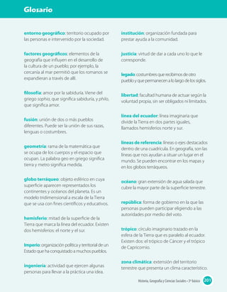 entorno geográfico: territorio ocupado por
las personas e intervenido por la sociedad.
factores geográficos: elementos de la
geografía que influyen en el desarrollo de
la cultura de un pueblo; por ejemplo, la
cercanía al mar permitió que los romanos se
expandieran a través de allí.
filosofía: amor por la sabiduría. Viene del
griego sophia, que significa sabiduría, y philo,
que significa amor.
fusión: unión de dos o más pueblos
diferentes. Puede ser la unión de sus razas,
lenguas o costumbres.
geometría: rama de la matemática que
se ocupa de los cuerpos y el espacio que
ocupan. La palabra geo en griego significa
tierra y metro significa medida.
globo terráqueo: objeto esférico en cuya
superficie aparecen representados los
continentes y océanos del planeta. Es un
modelo tridimensional a escala de la Tierra
que se usa con fines científicos y educativos.
hemisferio: mitad de la superficie de la
Tierra que marca la línea del ecuador. Existen
dos hemisferios: el norte y el sur.
Imperio: organización política y territorial de un
Estado que ha conquistado a muchos pueblos.
ingeniería: actividad que ejercen algunas
personas para llevar a la práctica una idea.
institución: organización fundada para
prestar ayuda a la comunidad.
justicia: virtud de dar a cada uno lo que le
corresponde.
legado:costumbresquerecibimosdeotro
puebloyquepermanecenalolargodelossiglos.
libertad: facultad humana de actuar según la
voluntad propia, sin ser obligados ni limitados.
línea del ecuador: línea imaginaria que
divide la Tierra en dos partes iguales,
llamados hemisferios norte y sur.
líneas de referencia: líneas o ejes destacados
dentro de una cuadrícula. En geografía, son las
líneas que nos ayudan a situar un lugar en el
mundo. Se pueden encontrar en los mapas y
en los globos terráqueos.
océano: gran extensión de agua salada que
cubre la mayor parte de la superficie terrestre.
república: forma de gobierno en la que las
personas pueden participar eligiendo a las
autoridades por medio del voto.
trópico: círculo imaginario trazado en la
esfera de la Tierra que es paralelo al ecuador.
Existen dos: el trópico de Cáncer y el trópico
de Capricornio.
zona climática: extensión del territorio
terrestre que presenta un clima característico.
201Historia, Geografía y Ciencias Sociales • 3º básico
Glosario
 