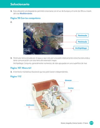 215Historia, Geografía y Ciencias Sociales • 3º básico
Solucionario
3.	 Península: tierra cercada por el agua, y que solo por una parte relativamente estrecha está unida y
tiene comunicación con otra tierra de extensión mayor.
Archipiélago: Conjunto, generalmente numeroso, de islas agrupadas en una superficie de mar.
Página 107 Ahora tú!
3.	 El territorio montañoso favoreció que las polis fuesen independientes.
Página 112
Península
Península
Archipiélago
Gineceo
Cocina
Androceo
3.	 Esta ubicación privilegiada les permitió conectarse con el sur de Europa y el norte de África a través
del mar Mediterráneo.
Página 98 Con tus compañeros
2.	
 