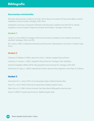 LecturasGlosario
Documentos ministeriales
Ministerio de Educación, Gobierno de Chile. (2012). Bases Curriculares 2012 Educación Básica. Historia
Geografía y Ciencias Sociales. Santiago, Chile: Autor.
Unidad de Currículum y Evaluación, Ministerio de Educación, Gobierno de Chile (2012). Historia,
Geografía y Ciencias Sociales. Programa de Estudio Tercero Básico. Santiago, Chile: Autor.
Unidad 1
Cerda, A. y otros (2004). El complejo camino de la formación ciudadana. (Una mirada a las prácticas
docentes). Santiago, Chile: Lom-PIIE.
Ibe- Unesco. (2001). Conferencia Internacional de Educación “Aprendiendo a vivir juntos”. Ginebra, Suiza:
Autor.
Unidad 2
Cifuentes, R., Ripolles, P. (2002). Atlas de los niños. 2. edición. España: Fleurus/Panini.
Contreras, Y., Fuentes, L. (2007). Geografía. Manual Esencial. Santiago, Chile: Santillana.
Instituto Geográfico Militar (2010). Atlas geográfico para la educación. Santiago, Chile: IGM.
Echeverría, M. Capuz, S. (2009). Geografía de América. Buenos Aires, Argentina: Serie Plata, A-Z Editora.
Unidad 3
Amouretti, M. C. y otros (1991). El mundo griego antiguo. Madrid, España: Akal.
Aries, Ph. y otros (1994). Historia de la vida privada. Madrid, España: Taurus.
Ellauri Secco, O. (1998). Historia Universal. Sao Paulo, Brasil: Bibliográfica Internacional.
Veyne, P. (2009). El imperio grecorromano. Madrid, España: Akal.
Historia, Geografía y Ciencias Sociales • 3º básico226
Bibliografía
 