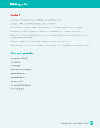 Bibliografía
Unidad 4
Barrows, G. (1947). Los romanos. Ciudad de México, México: FCE.
Chrisp, P. (1999). Los romanos. Santiago, Chile: Taller Uno.
Frías Valenzuela, F. (1969). Ciencias sociales e históricas. Santiago, Chile: Editorial Nascimiento.
Gombrich, E. H. (2008). Breve historia del mundo. Barcelona, España: Ediciones Península.
Haeberle, S.; Poblete, O. (1973). Documentos para el estudio de la historia universal, Tomo I. Santiago,
Chile: Editorial Nascimiento.
Loizeau C. (2009). Los mundos antiguos. Barcelona, España: Combel Editorial.
Varios autores (1995). Horizonte 1. Historia y Geografía. Barcelona, España: Vicens Vives-Andrés Bello.
Sitios webs generales
www.educarchile.cl
www.igm.cl
www.ine.cl
www.memoriachilena.cl
www.migeografia.cl
www.odisea.ucv.cl
www.un.org/es
www.unicef.org/spanish
www.wdl.org/es
227Historia,Geografía y Ciencias Sociales • 3º básico
Bibliografía
 