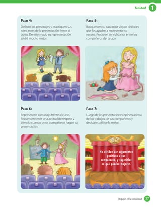 Paso 4:
Definan los personajes y practiquen sus
roles antes de la presentación frente al
curso. De este modo su representación
saldrá mucho mejor.
Paso 6:
Representen su trabajo frente al curso.
Recuerden tener una actitud de respeto y
silencio cuando otros compañeros hagan su
presentación.
Paso 5:
Busquen en su casa ropa vieja o disfraces
que los ayuden a representar su
escena. Procuren ser solidarios entre los
compañeros del grupo.
Paso 7:
Luego de las presentaciones opinen acerca
de los trabajos de sus compañeros y
decidan cuál fue la mejor.
No olviden dar argumentos
positivos a sus
compañeros, y sugerirles
en qué pueden mejorar.
27Mi papel en la comunidad 27
1Unidad
 
