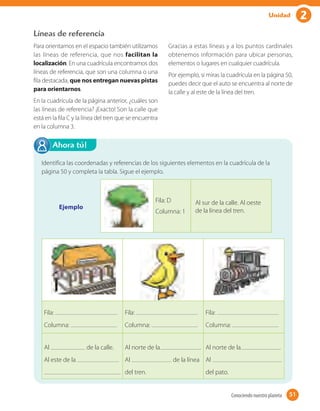 2Unidad
Para orientarnos en el espacio también utilizamos
las líneas de referencia, que nos facilitan la
localización. En una cuadrícula encontramos dos
líneas de referencia, que son una columna o una
fila destacada, que nos entregan nuevas pistas
para orientarnos.
En la cuadrícula de la página anterior, ¿cuáles son
las líneas de referencia? ¡Exacto! Son la calle que
está en la fila C y la línea del tren que se encuentra
en la columna 3.
Gracias a estas líneas y a los puntos cardinales
obtenemos información para ubicar personas,
elementos o lugares en cualquier cuadrícula.
Por ejemplo, si miras la cuadrícula en la página 50,
puedes decir que el auto se encuentra al norte de
la calle y al este de la línea del tren.
Líneas de referencia
Identifica las coordenadas y referencias de los siguientes elementos en la cuadrícula de la
página 50 y completa la tabla. Sigue el ejemplo.
Ahora tú!
Fila:
Columna:
Fila:
Columna:
Fila:
Columna:
Al de la calle.
Al este de la
.
Al norte de la .
Al de la línea
del tren.
Al norte de la .
Al
del pato.
Fila: D
Columna: 1
Al sur de la calle. Al oeste
de la línea del tren.
Ejemplo
51Conociendo nuestro planeta 51
 