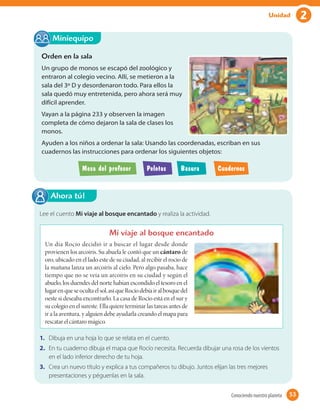 2Unidad
Orden en la sala
Un grupo de monos se escapó del zoológico y
entraron al colegio vecino. Allí, se metieron a la
sala del 3º D y desordenaron todo. Para ellos la
sala quedó muy entretenida, pero ahora será muy
difícil aprender.
Vayan a la página 233 y observen la imagen
completa de cómo dejaron la sala de clases los
monos.
Ayuden a los niños a ordenar la sala: Usando las coordenadas, escriban en sus
cuadernos las instrucciones para ordenar los siguientes objetos:
Mesa del profesor Pelotas Basura Cuadernos
Miniequipo
Lee el cuento Mi viaje al bosque encantado y realiza la actividad.
Mi viaje al bosque encantado
Un día Rocío decidió ir a buscar el lugar desde donde
provienen los arcoíris. Su abuela le contó que un cántaro de
oro, ubicado en el lado este de su ciudad, al recibir el rocío de
la mañana lanza un arcoíris al cielo. Pero algo pasaba, hace
tiempo que no se veía un arcoíris en su ciudad y según el
abuelo, los duendes del norte habían escondido el tesoro en el
lugarenqueseocultaelsol,asíqueRocíodebíairalbosquedel
oeste si deseaba encontrarlo. La casa de Rocío está en el sur y
su colegio en el sureste. Ella quiere terminar las tareas antes de
ir a la aventura, y alguien debe ayudarla creando el mapa para
rescatar el cántaro mágico.
1. Dibuja en una hoja lo que se relata en el cuento.
2. En tu cuaderno dibuja el mapa que Rocío necesita. Recuerda dibujar una rosa de los vientos
en el lado inferior derecho de tu hoja.
3. Crea un nuevo título y explica a tus compañeros tu dibujo. Juntos elijan las tres mejores
presentaciones y péguenlas en la sala.
Ahora tú!
53Conociendo nuestro planeta 53
 