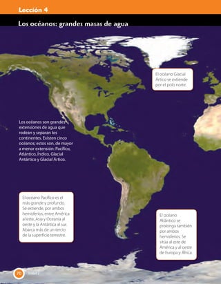 Lección 1
Los océanos: grandes masas de agua
Los océanos son grandes
extensiones de agua que
rodean y separan los
continentes. Existen cinco
océanos; estos son, de mayor
a menor extensión: Pacífico,
Atlántico, Índico, Glacial
Antártico y Glacial Ártico.
El océano Glacial
Ártico se extiende
por el polo norte.
El océano Pacífico es el
más grande y profundo.
Se extiende, por ambos
hemisferios, entre América
al este, Asia y Oceanía al
oeste y la Antártica al sur.
Abarca más de un tercio
de la superficie terrestre.
El océano
Atlántico se
prolonga también
por ambos
hemisferios. Se
sitúa al este de
América y al oeste
de Europa y África.
70 Unidad 270
Lección 4
 
