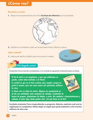 Descubro y enseño
1. Dibuja en esta representación de la Tierra las líneas de referencia que has estudiado.
2. Explícale a tu compañero cuáles son las principales líneas y dónde se ubican.
¿Qué entendí?
1. Explica qué significa el gráfico que se encuentra al costado.
El planeta Tierra está de cumpleaños, y te manda la siguiente invitación para su fiesta.
El 22 de abril es mi cumpleaños, y para que celebremos en
grande, ¡están todos invitados a mi fiesta!
La verdad es que no sé bien cuántos años cumplo, porque ya
perdí la cuenta, pero son como cuatro mil quinientos millones
de años.
La fiesta será en todos los países. Algunos me acompañarán en
mi día con actividades como campañas de reciclaje, recolección de
basura de parques, plantaciones de árboles, y otras. Así ayudarán a descontaminarme y
cuidarán el único lugar donde pueden vivir. ¿Tú qué harás en mi día?
Escríbele al planeta Tierra respondiendo su pregunta. Además, explícale cuál será tu
regalo para su cumpleaños. Debes elegir un regalo que ayude al planeta a vivir muchos
millones de años más.
¡Ha llegado carta!
76 Unidad 276
¿Cómo voy?
Agua
Tierra
 