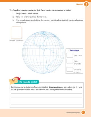 VI. Completa esta representación de la Tierra con los elementos que se piden.
1. Dibuja una rosa de los vientos.
2. Marca con colores las líneas de referencia.
3. Pinta y rotula las zonas climáticas del mundo y completa la simbología con los colores que
correspondan.
Escribe una carta al planeta Tierra contándole dos aspectos que aprendiste de él y una
acción que realizarás de ahora en adelante para proteger el medioambiente.
¡Ha llegado carta!
Simbología
Zona cálida
Zonas
templadas
Zonas frías
o polares
Rosa de los vientos
91Conociendo nuestro planeta 91
2Unidad
 