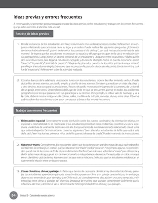 Unidad 2 • Conociendo nuestro planeta54
Ideas previas y errores frecuentes
A continuación, se presentan propuestas para rescatar las ideas previas de los estudiantes y trabajar con los errores frecuentes
que puedan cometer al abordar esta unidad.
1.	 Divida los bancos de los estudiantes en filas y columnas lo más ordenadamente posible. Reflexionen en con-
junto enfatizando que cada cosa tiene su lugar y un orden. Puede realizar las siguientes preguntas: ¿Cómo nos
sentamos habitualmente?, ¿cómo ordenamos los puestos el día de hoy?, ¿en qué nos ayuda sentarnos de esta
manera? Se espera que los estudiantes reconozcan su espacio y el lugar que ocupan en la sala y en relación con
sus compañeros. Luego, tome un objeto personal de un estudiante y ubíquese entre los puestos. Pídales que le
den las instrucciones para llegar al estudiante escogido y devolverle el objeto. Tome en cuenta menciones como
“derecha”,“izquierda”y“cantidad de puestos”. Dibuje en la pizarra los puestos de los niños y el camino que recorrió
para llegar al estudiante elegido. Se espera que reconozcan la posición desde donde partió, dónde terminó y cuál
fue la“trayectoria”. Reflexionen sobre la actividad realizada.
1.	 Orientación espacial. Generalmente existe confusión sobre los puntos cardinales y la orientación relativa, en
especial, si esta habilidad no es practicada. Si sus estudiantes presentan estos problemas, coordine una vez a la se-
mana una lectura de una fuente escrita en voz alta. Escoja un texto de mediana extensión relacionado con el tema
que estén trabajando. Dé instrucciones como las siguientes:“Leen ahora los estudiantes de la fila que está al este
de la sala”;“leen hoy los tres primeros niños de la fila que está al oeste de la sala”. Puede ir variando las instrucciones.
2.	 Océanos y mares. Generalmente, los estudiantes saben que los océanos son grandes masas de agua que rodean los
continentes; sin embargo, es común que no relacionen los“mares”con los“océanos”. Por ejemplo, algunos no compren-
den que el mar de las costas de Chile es parte del océano Pacífico. Cuénteles que se les llama“mares”para diferenciar y
dividir estas masas de agua, pues son de menor tamaño o más próximos a las costas. Para esto, elija un color y marque
en un planisferio cada océano y los mares con los que este se relaciona. Se busca que los estudiantes establezcan vi-
sualmente la relación entre ambos conceptos.
3.	 Zonas climáticas, climas y paisajes. Enfatice que dentro de cada zona climática hay diversidad de climas y paisa-
jes. Los estudiantes aprenderán que cada zona climática posee un clima y un paisaje característicos; sin embargo,
algunos no entenderán, por ejemplo, que Chile está casi completamente ubicado en una zona templada, y sin
embargo tiene climas y paisajes tan diversos. Destaque de manera que puedan comprender fácilmente que la
influencia del mar y del relieve van a determinar la heterogeneidad de los climas y sus paisajes.
2.	 Corra los bancos de la sala hacia un costado. Junto con los estudiantes, ordene las sillas imitando un bus. Puede
ubicar filas de tres asientos, un pasillo amplio y otra fila de tres asientos. Simulen que realizan un viaje a la playa o
a otro destino atractivo para los estudiantes. Recorra el pasillo mostrando imágenes de la carretera, de un túnel,
de un peaje, entre otros. Dependiendo del lugar de Chile en que se encuentre, piense en todos los accidentes
geográficos por los que pasaría este bus para llegar a su destino. Por ejemplo, si el bus sale de Santiago y va a
la costa, deberá mostrar imágenes de colinas, valles, cordillera de la Costa, mesetas, dunas, entre otras. Observe
cuánto saben los estudiantes sobre estos conceptos y detecte los errores frecuentes.
Rescate de ideas previas
Trabajo con errores frecuentes
 