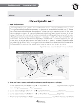 Mat
erialfotocopi
able
Nombre: Curso: Fecha:
¿Cómo migran las aves?
I. Lee el siguiente texto.
¿Cómo migran las aves? Las que están en el hemisferio norte emigran hacia el sur al final del verano y vuelven
a su lugar de origen a principios de la primavera. Las que están en el hemisferio sur hacen el viaje a la inversa,
debido a la diferencia en la sucesión de las estaciones.También hay migraciones altitudinales: hacia las regio-
nes montañosas en verano y de regreso a las llanuras en invierno. Aunque al parecer la escasez de comida
es la principal causa de la migración, el acortamiento del día con la llegada del invierno también tiene sus
efectos: las aves resienten el cambio de temperatura y se cree que además sufren algún cambio hormonal
que las altera. Respecto de cómo se orientan para llegar correctamente a su destino, se piensa que las que
vuelan de noche se guían por las estrellas, y las que lo hacen de día, por el sol. Al parecer, pueden interpretar
instintivamente las alturas y posiciones de estos astros, y es posible que recuerden los rasgos geográficos de
los lugares sobre los que tienen que pasar. El hecho es que las rutas son casi siempre las mismas.
Migración de las aves. Recuperado de Icarito (en línea). (Adaptación).
Guía fotocopiable 7 / Unidad 2 Lección 3
II. Observa el mapa y luego completa las oraciones ocupando los puntos cardinales.
1. Las aves representadas por la flecha se dirigen hacia el del planeta Tierra. Luego, un
grupo se dirige al y otro al .
2. Las aves representadas por la flecha viajan del hemisferio al hemisferio .
3. Las aves representadas por la flecha se dirigen hacia el del planeta.
4. Otras aves, representadas por las flechas , viajan hacia el sur de un continente.
Mapa de las migraciones de las aves
 