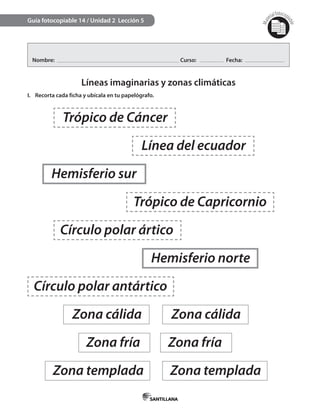 Mat
erialfotocopi
able
Nombre: Curso: Fecha:
Líneas imaginarias y zonas climáticas
I. Recorta cada ficha y ubícala en tu papelógrafo.
Guía fotocopiable 14 / Unidad 2 Lección 5
Trópico de Cáncer
Hemisferio sur
Círculo polar ártico
Círculo polar antártico
Línea del ecuador
Trópico de Capricornio
Hemisferio norte
Zona cálidaZona cálida
Zona templada Zona templada
Zona fría Zona fría
 