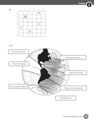 2
Unidad
Guía didáctica del docente • 3º básico 93
10.
11-14.
1 3 52 4 6
A
C
E
B
D
F
G
Círculo polar ártico
Trópico de Cáncer
Trópico de Capricornio
Línea del ecuador
Círculo polar antártico
Hemisferio norte
Hemisferio sur
 