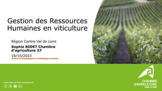 Gestion des Ressources
Humaines en viticulture
Région Centre Val de Loire
Sophie BIDET Chambre
d’agriculture 37
18/10/2023
 