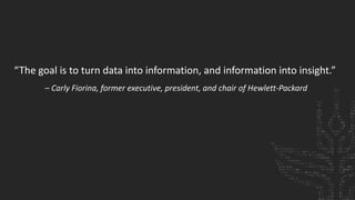 “The goal is to turn data into information, and information into insight.”
– Carly Fiorina, former executive, president, and chair of Hewlett-Packard
 