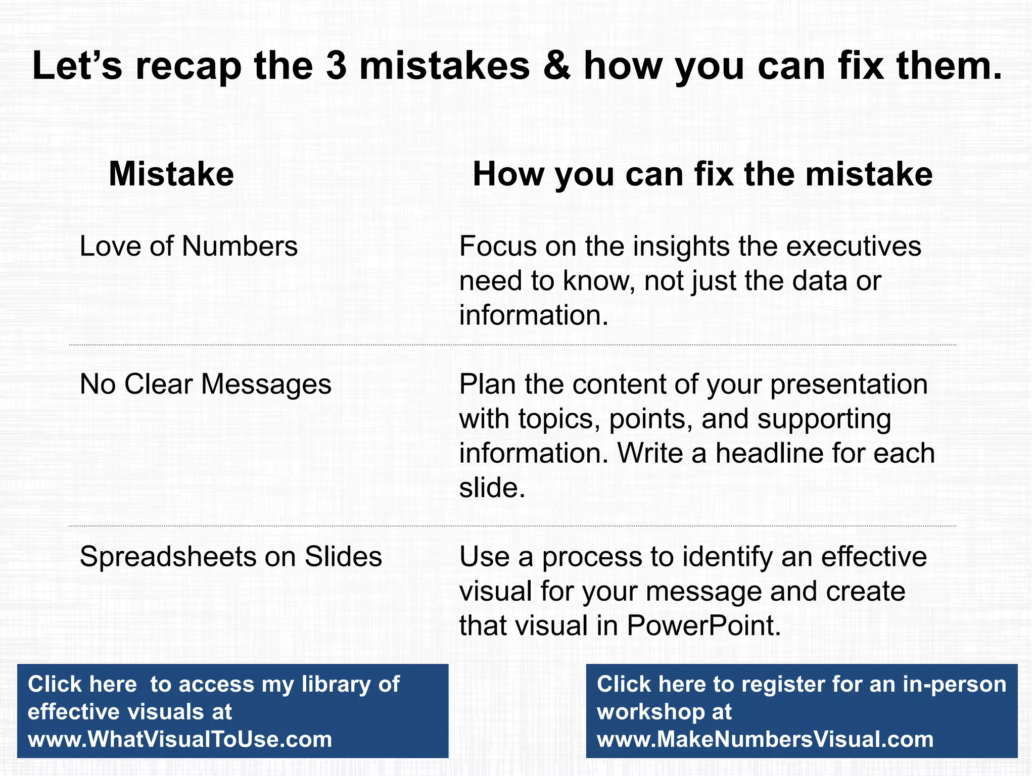If you would like me to help
your team create presentations
that have a clear message with
focused content and effective
visuals, get in touch:
P: 905-510-4911
E: Dave@ThinkOutsideTheSlide.com
W: www.ThinkOutsideTheSlide.com
 