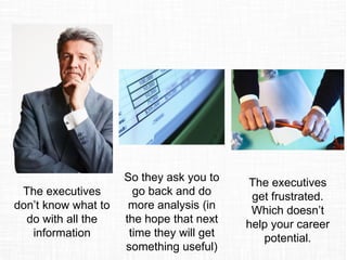 So they ask you to
go back and do
more analysis (in
the hope that next
time they will get
something useful)
The executives
don’t know what to
do with all the
information
The executives
get frustrated.
Which doesn’t
help your career
potential.
 