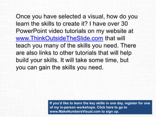 To fix the mistake of Spreadsheets on Slides,
use a process to identify an effective visual
for your message and create that visual in
PowerPoint. You don’t need a graphics
background, you can learn the skills you
need.
 