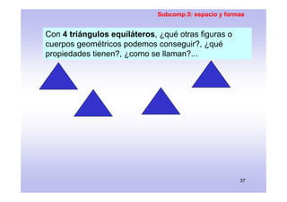 Subcomp.5: espacio y formas


Con 4 triángulos equiláteros, ¿qué otras figuras o
cuerpos geométricos podemos conseguir?, ¿...