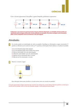 CIÊNCIaS
45
Caso o circuito apresentasse duas pilhas e quatro lâmpadas, poderíamos representar:
1W/1,5V1W/1,5V1W/1,5V1W/1,5V1,5V1,5V
Professor(a), nas turmas em que for possível e houver materiais disponíveis, as atividades teóricas podem ser
substituídaspelamontagempráticadoscircuitosutilizadosnosexemplos.Paraestasmontagensserãonecessárias
pilhas comuns, lâmpadas comuns de lanternas e fios para ligação.
Atividades
Os circuitos podem ser classificados em série ou paralelo. Classifique as informações a seguir, escrevendo “S”
quando se referirem a um circuito em série ou“P”, quando as informações forem relativas a circuitos em paralelo.
(S) Se uma lâmpada apaga todas apagam.
(P) Se uma lâmpada apaga outras podem ficar acesas.
(P) Mesma intensidade na luz de cada lâmpada.
(S) Diferentes intensidades na luz de cada lâmpada.
(S) Apenas um fio conectando todo o circuito.
(P) Mais de um fio conectando o circuito.
1
Observe o circuito a seguir:
Que indicações temos para classificar o circuito acima como um circuito em paralelo?
2
O circuito representado na figura apresenta dois caminhos de condução da corrente elétrica. Portanto, podemos concluir que o
circuito está em paralelo. Assim, se uma das lâmpadas apagar, a outra pode permanecer ligada.
9ano - ciencias - 11junho - professor - corrigido_Layout 1 11/06/2013 18:22 Page 45
 