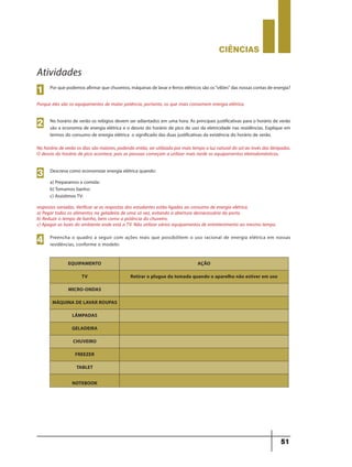 CIÊNCIaS
51
Atividades
Porquepodemosafirmarquechuveiros,máquinasdelavareferroselétricossãoos“vilões”dasnossascontasdeenergia?
Porque eles são os equipamentos de maior potência, portanto, os que mais consomem energia elétrica.
1
No horário de verão os relógios devem ser adiantados em uma hora. As principais justificativas para o horário de verão
são a economia de energia elétrica e o desvio do horário de pico de uso da eletricidade nas residências. Explique em
termos do consumo de energia elétrica o significado das duas justificativas da existência do horário de verão.
No horário de verão os dias são maiores, podendo então, ser utilizada por mais tempo a luz natural do sol ao invés das lâmpadas.
O desvio do horário de pico acontece, pois as pessoas começam a utilizar mais tarde os equipamentos eletrodomésticos.
2
Descreva como economizar energia elétrica quando:
a) Preparamos a comida:
b)Tomamos banho:
c) AssistimosTV:
respostas variadas. Verificar se as respostas dos estudantes estão ligadas ao consumo de energia elétrica.
a) Pegar todos os alimentos na geladeira de uma só vez, evitando a abertura desnecessária da porta.
b) Reduzir o tempo de banho, bem como a potência do chuveiro.
c) Apagar as luzes do ambiente onde está a TV. Não utilizar vários equipamentos de entretenimento ao mesmo tempo.
3
Preencha o quadro a seguir com ações reais que possibilitem o uso racional de energia elétrica em nossas
residências, conforme o modelo:4
EQUIPAMENTO AÇÃO
TV Retirar o plugue da tomada quando o aparelho não estiver em uso
MICRO-ONDAS
MÁQUINA DE LAVAR ROUPAS
LÂMPADAS
GELADEIRA
CHUVEIRO
FREEZER
TABLET
NOTEBOOK
9ano - ciencias - 11junho - professor - corrigido_Layout 1 11/06/2013 18:22 Page 51
 