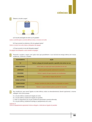 CIÊNCIaS
53
Observe o circuito a seguir:
a) O circuito está ligado em série ou em paralelo?
Como o caminho para a corrente elétrica é único, o circuito é em série.
b) O que ocorrerá se cortarmos o fio em qualquer ponto?
Como o circuito é em série, todas as lâmpadas irão apagar.
c) O que ocorrerá se uma das lâmpadas apagar?
Ao apagar uma lâmpada a outra também irá apagar:
3
Preencha o quadro a seguir com ações reais que possibilitem o uso racional de energia elétrica em nossas
residências, conforme o modelo:4
Nas residências, para serem ligados na rede elétrica, todos os eletrodomésticos devem apresentar a mesma
voltagem. Isto ocorre porque
A. o circuito elétrico residencial é ligado em série.
B. o circuito elétrico residencial é ligado em paralelo.
C. todos os dispositivos do circuito residencial apresentam corrente alternada.
D. o circuito elétrico residencial interliga os equipamentos em curto.
5
EQUIPAMENTO AÇÃO
TV Retirar o plugue da tomada quando o aparelho não estiver em uso
FERRO ELÉTRICO Juntar todas as roupas para serem passadas de uma vez
LÂMPADAS Ligá-las apenas quando realmente for necessário
CHUVEIRO Fechar o registro de água enquanto nos ensaboamos
TANQUINHO Lavar todas as roupas de uma vez
FORNO ELÉTRICO
COMPUTADOR Desligar monitores de vídeo ao deixar o computador em espera
SMARTPHONE Realizar a carga da bateria apenas quando for necessário
Gabarito: B
Como os equipamentos apresentam mesma voltagem, a rede deve ser ligada em paralelo.
9ano - ciencias - 11junho - professor - corrigido_Layout 1 11/06/2013 18:22 Page 53
 