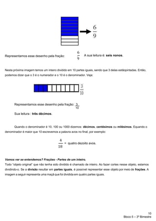 10
Bloco 5 – 3º Bimestre
Representamos esse desenho pela fração:
6
. A sua leitura é: seis nonos.
9
Nesta próxima imagem temos um inteiro dividido em 10 partes iguais, sendo que 3 delas estãopintadas. Então,
podemos dizer que o 3 é o numerador e o 10 é o denominador. Veja:
Representamos esse desenho pela fração: 3_
10
Sua leitura : três décimos.
Quando o denominador é 10, 100 ou 1000 dizemos: décimos, centésimos ou milésimos. Equando o
denominador é maior que 10 escrevemos a palavra avos no final, por exemplo:
4
= quatro dezoito avos.
18
Vamos ver se entendemos? Frações - Partes de um inteiro.
Todo “objeto original” que não tenha sido dividido é chamado de inteiro. Ao fazer cortes nesse objeto, estamos
dividindo-o. Se a divisão resultar em partes iguais, é possível representar esse objeto por meio de frações. A
imagem a seguir representa uma maçã que foi dividida em quatro partes iguais.
 