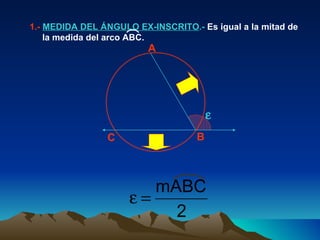  A B C 1.-  MEDIDA DEL ÁNGULO EX-INSCRITO .-  Es igual a la mitad de la medida del arco ABC.  