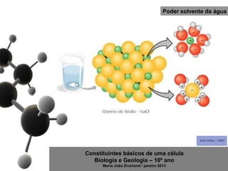 Poder solvente da água




Constituintes básicos de uma célula
   Biologia e Geologia – 10º ano
      Maria João Drumond / janeiro 2013
 