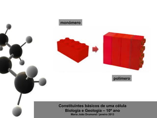 monómero




                                      polímero




Constituintes básicos de uma célula
   Biologia e Geologia – 10º ano
      Maria João Drumond / janeiro 2013
 
