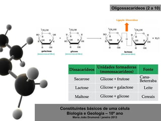 Oligossacarídeos (2 a 10)




Constituintes básicos de uma célula
   Biologia e Geologia – 10º ano
      Maria João Drumond / janeiro 2013
 