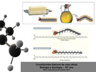 Constituintes básicos de uma célula
   Biologia e Geologia – 10º ano
      Maria João Drumond / janeiro 2013
 