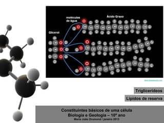 www.brasilescola.com




                                              Triglicerídeos
                                          Lípidos de reserva

Constituintes básicos de uma célula
   Biologia e Geologia – 10º ano
      Maria João Drumond / janeiro 2013
 