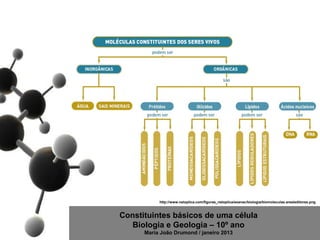 http://www.netxplica.com/figuras_netxplica/exanac/biologia/biomoleculas.arealeditores.png



Constituintes básicos de uma célula
   Biologia e Geologia – 10º ano
      Maria João Drumond / janeiro 2013
 