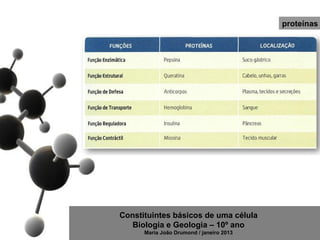 proteínas




Constituintes básicos de uma célula
   Biologia e Geologia – 10º ano
      Maria João Drumond / janeiro 2013
 