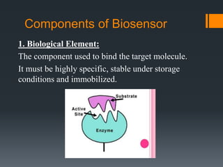 Components of Biosensor
1. Biological Element:
The component used to bind the target molecule.
It must be highly specific, stable under storage
conditions and immobilized.
 