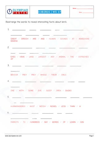 Class 3 Science Olympiad Sample paper on Birds - Set 01 | PDF
