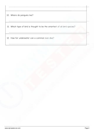 Class 3 Science Olympiad Sample paper on Birds - Set 01 | PDF