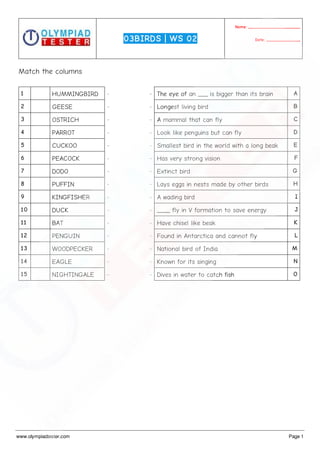 Class 3 Science Olympiad Sample paper on Birds - Set 01 | PDF