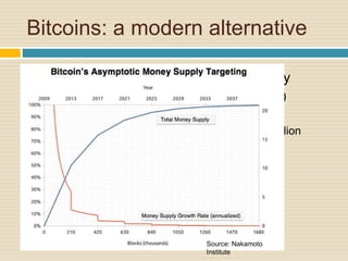 Bitcoins: a modern alternative
 Decentralized virtual currency
 No physical existence (sort of)
 No central authority (sort of)
 Algorithm limits supply to 21 million
Source: Nakamoto
Institute
 