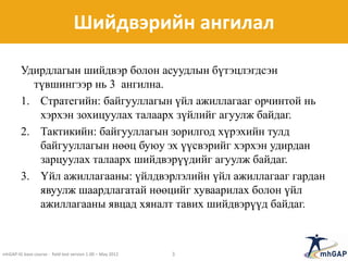 Шийдвэрийн ангилал
Удирдлагын шийдвэр болон асуудлын бүтэцлэгдсэн
түвшингээр нь 3 ангилна.
1. Стратегийн: байгууллагын үйл ажиллагааг орчинтой нь
хэрхэн зохицуулах талаарх зүйлийг агуулж байдаг.
2. Тактикийн: байгууллагын зорилгод хүрэхийн тулд
байгууллагын нөөц буюу эх үүсвэрийг хэрхэн удирдан
зарцуулах талаарх шийдвэрүүдийг агуулж байдаг.
3. Үйл ажиллагааны: үйлдвэрлэлийн үйл ажиллагааг гардан
явуулж шаардлагатай нөөцийг хуваарилах болон үйл
ажиллагааны явцад хяналт тавих шийдвэрүүд байдаг.
mhGAP-IG base course - field test version 1.00 – May 2012 3
 