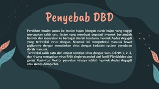 Penyebab DBD
Peralihan musim panas ke musim hujan (dengan curah hujan yang tinggi)
merupakan salah satu factor yang membuat populasi nyamuk bertambah
banyak dan menyebar ke berbagai daerah terutama nyamuk Aedes Aegypti
yang terinfeksi virus dengue. Nyamuk ini menginfeksi manusia lewat
gigitannya dengan menularkan virus dengue kedalam system peredaran
darah manusia.
Terinfeksi salah satu dari empat serotipe virus dengue yaitu DENV-1, 2, 3,
dan 4 yang merupakan virus RNA single-stranded dari famili Flaviviridae dan
genus Flavivirus. Vektor penyebar virusya adalah nyamuk Aedes Aegypti
atau Aedes Albopictus.
 