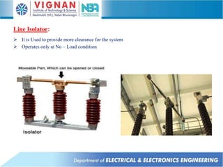 Line Isolator:
 It is Used to provide more clearance for the system
 Operates only at No – Load condition
 